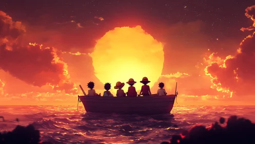 Anime friends in small boat facing vivid ocean sunset.