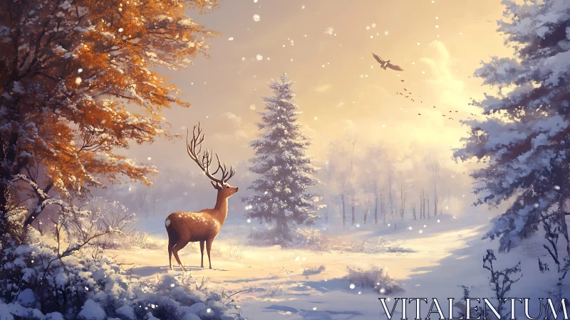 Majestic stag pauses in a golden, snowlit winter forest