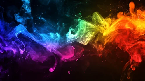 Colorful smoke plumes flow across dark background horizontally