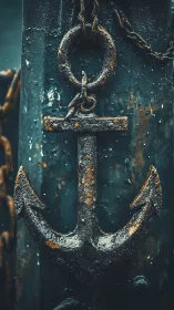 Corroded forged steel anchor against wet painted hull surface