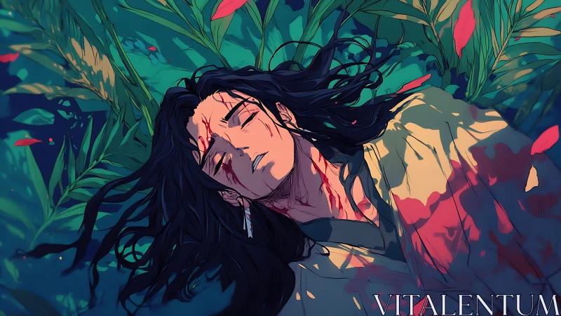 Wounded warrior lies in lush jungle under crimson light.