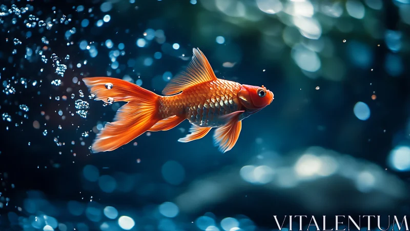 High-contrast macro study of orange goldfish in bokeh-lit water