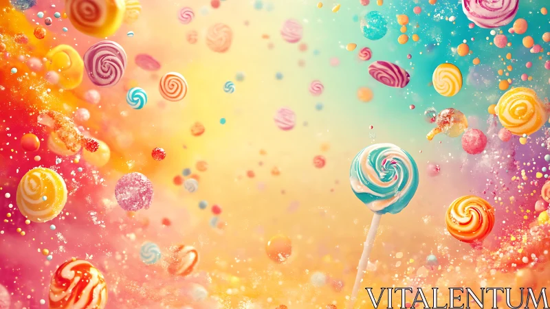 Vibrant candy landscape with colorful lollipops floating in magical sparkle.