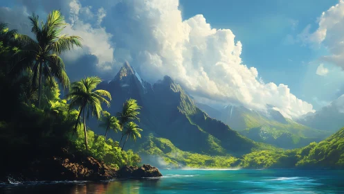 Tropical valley landscape with mountain formation and water body.