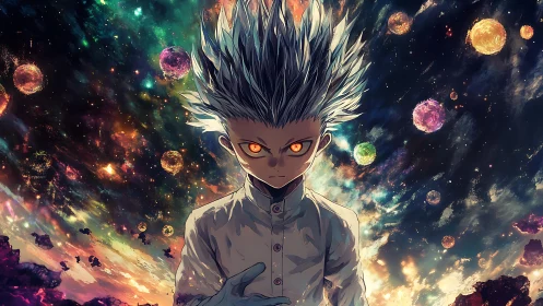 Cosmic child with glowing eyes confronts swirling galaxies