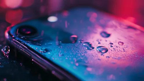 Macro close-up of wet smartphone surface under neon bokeh light