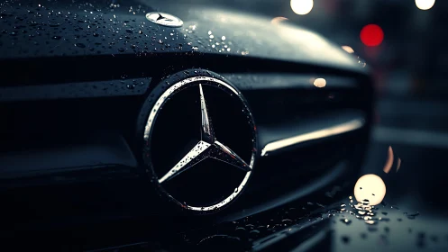 Gleaming Mercedes grille emblem in cinematic night rain.