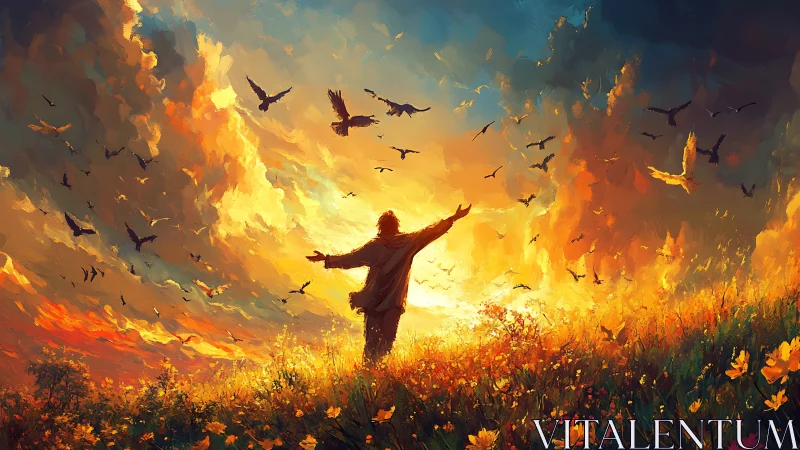 Sunlit meadow embrace beneath a sky of soaring birds.