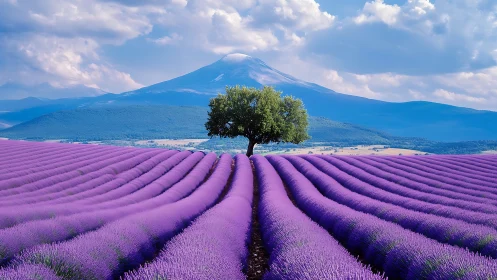 Peaceful lavender fields leading toward a lone green tree.