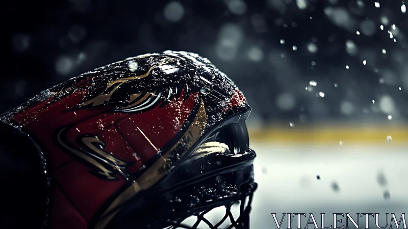 Bold hockey goalie mask glowing through icy arena lights.