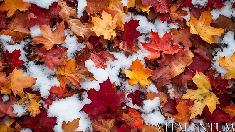 Autumn maple leaf carpet with first snow, top-down photographic study.