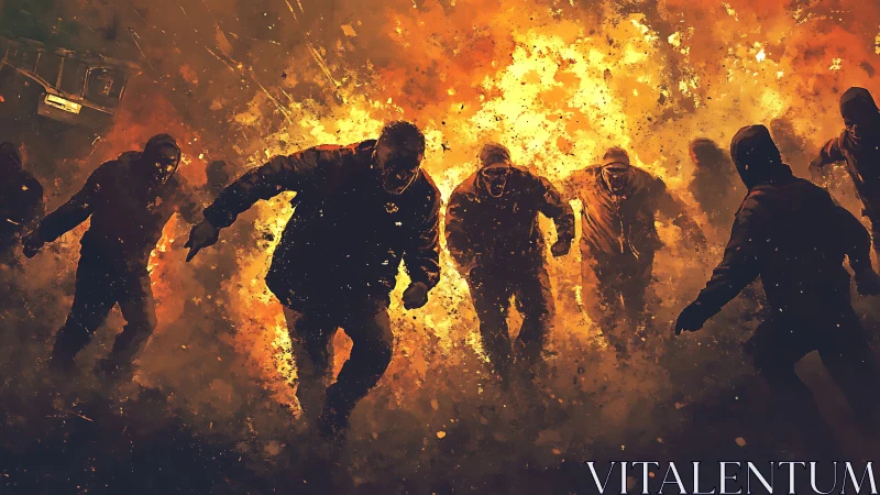 Silhouetted figures advance in front of a large explosion