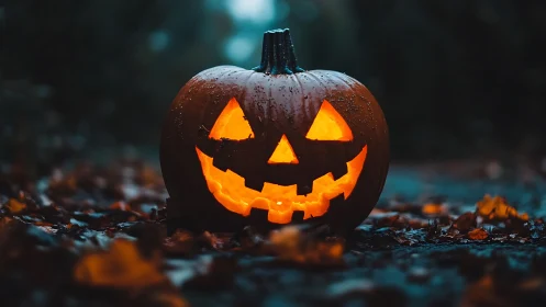 Jack-o-lantern pumpkin glowing on wet autumn ground.