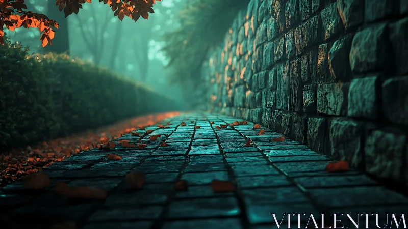 Moody stone path with autumn leaves in misty green light.