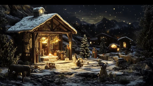Snow-covered nativity settlement under illuminated night sky.
