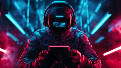 Cyber gamer controls neon world with immersive visor.