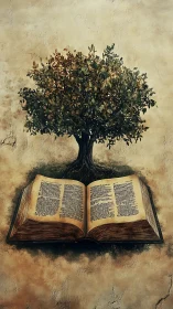 Arboreal knowledge system emerging from antique codex substrate.