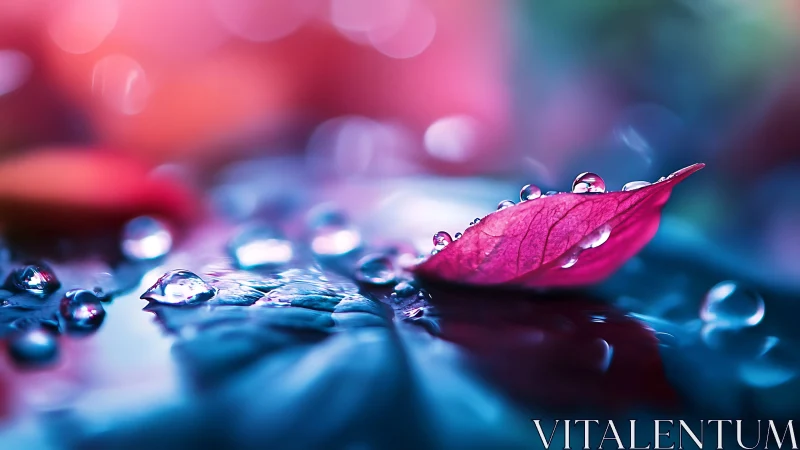 Jewelled raindrops cradle a magenta leaf in neon hush.