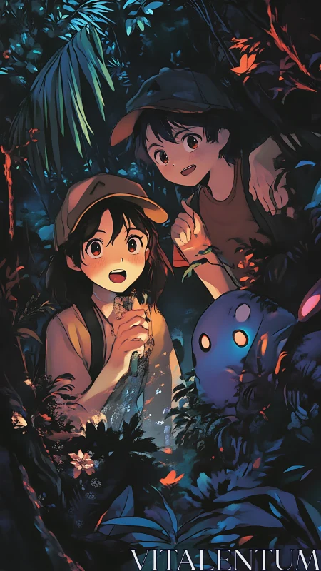 Kids explore a glowing forest creature under starlit foliage