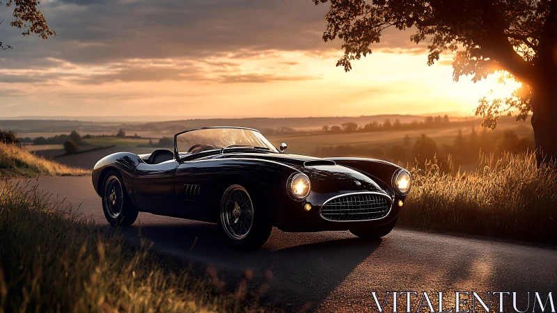 Midnight roadster gliding through honeyed country sunset.