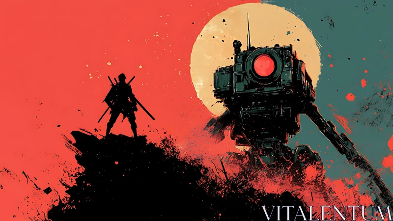 Samurai confronts towering combat mech before blazing sun