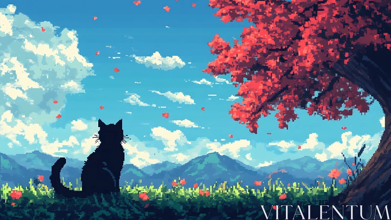 Quiet black cat enjoys a breezy day beneath red tree