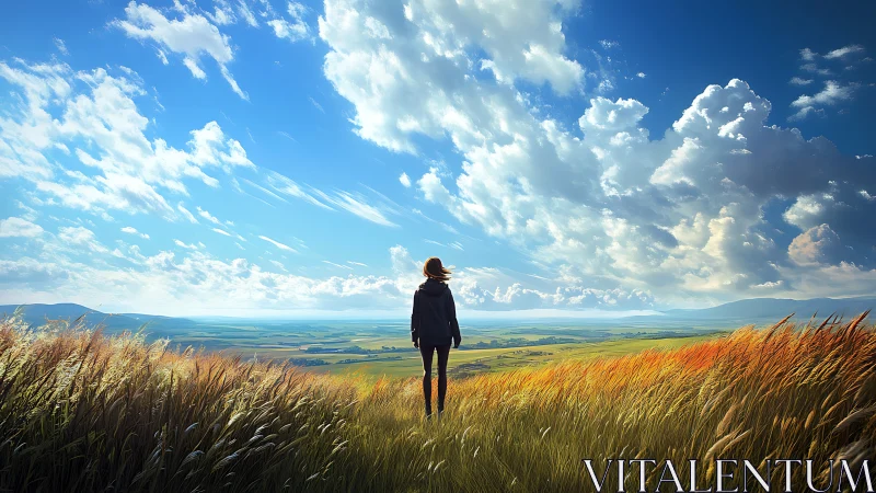Person standing in tall grass overlooking wide rural valley.