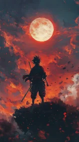Silhouetted swordsman stands beneath a full moon