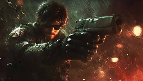 Rain-soaked agent freezes time with a blazing muzzle aim