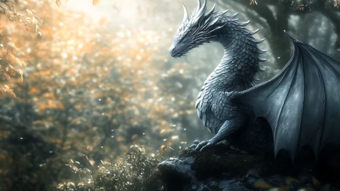 Silver dragon rendered in soft light within forest clearing