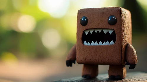 Boxy monster figurine under soft forest bokeh light.