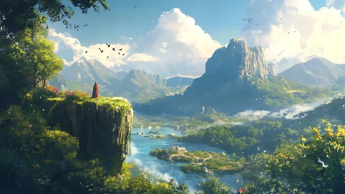 Solitary robed figure surveys vast luminous river valley