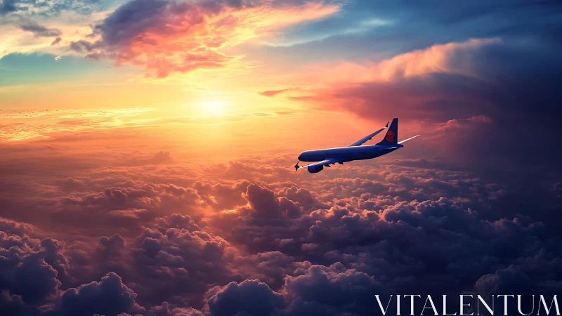 Passenger jet crossing radiant sunset cloud horizon.