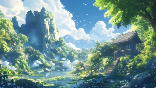 Landscape scene depicts riverside house near forested cliffs