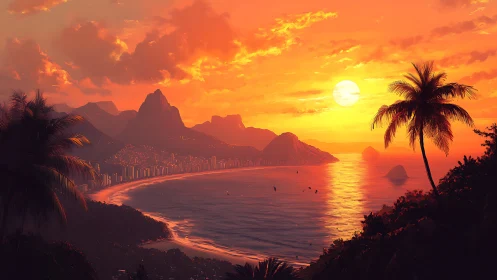 Tropical coastal city shoreline under vivid sunset sky.