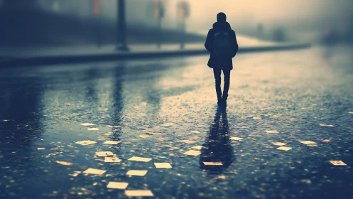 Solitary figure on rain-soaked city street in foggy dusk.