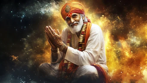 Elderly guru in orange turban seated before cosmic backdrop.