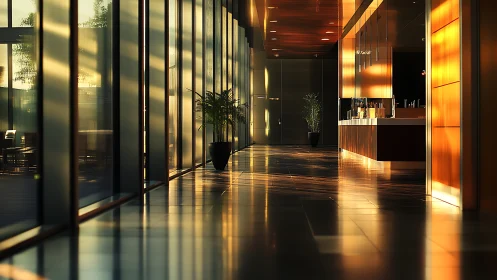 Modern Corridor Interior. Warm Sunlight Reflections.