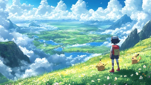 Vast sunlit valley vista with trainer and Pikachu duo.
