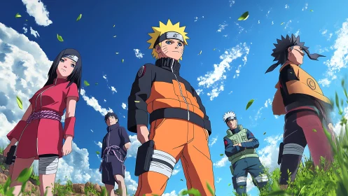 Anime heroes stand united beneath a vivid summer sky