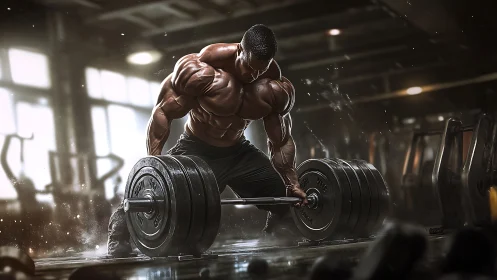 Bodybuilder performs heavy barbell deadlift in gym space