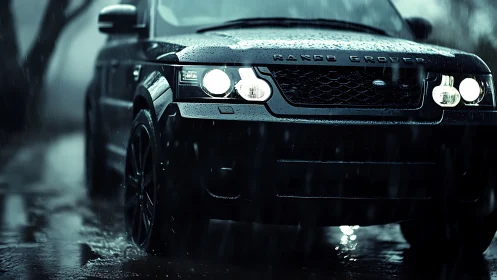 Black SUV headlights cut through wet night forest road rain