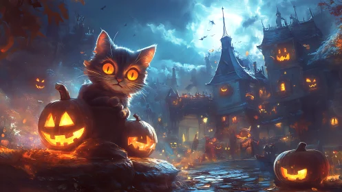 Black Cat with Glowing Eyes Among Halloween Jack-O'-Lanterns.