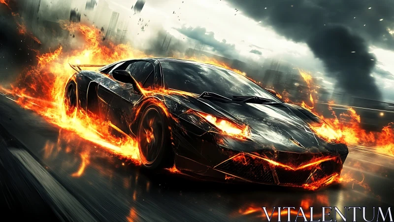 Flaming hypercar races through storm-lit urban expressway
