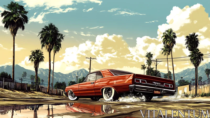 Muscle car drifts through sunlit palm-lined urban street.