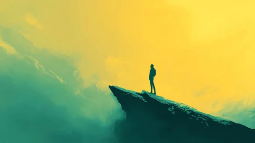 Silhouetted hiker on angular cliff under high-contrast bicolor sky