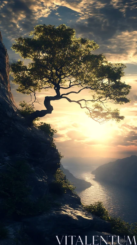 Solitary cliffside tree above river at low sunset glow.