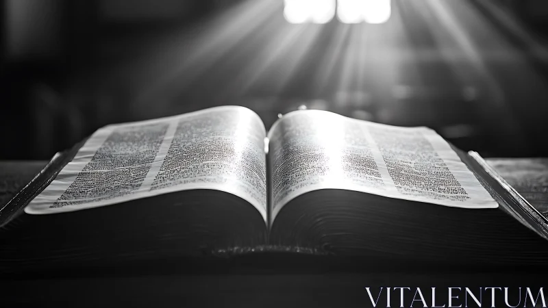 Backlit open Bible with high contrast optical highlights.