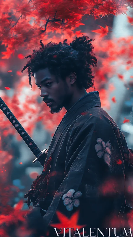 Samurai warrior stands in red maple foliage holding katana