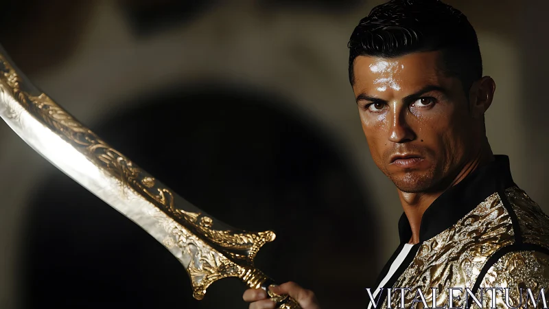 Warrior portrait with ornate gilded scimitar and armor.